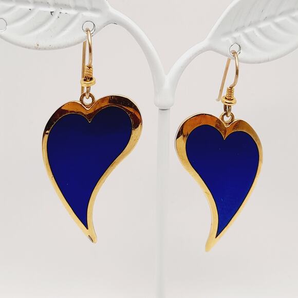 Vintage Laurel Burch Heart Dangle Earrings, Blue Enamel, Gold Plated, 2 Inches - Picture 3 of 10